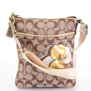 Coach Crossbody Bag With Large Flower, Gold Leather & Khaki Signature Jacquard